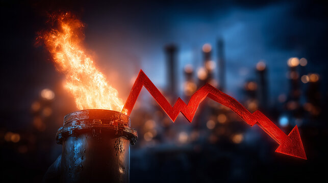 Environmental Crisis: A visual representation of environmental concerns with an industrial plant emitting flames and a downward-pointing arrow indicating decline.