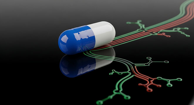 Close up of a pharmaceutical antibiotic capsule on a glossy reflective surface illustrating pharmacokinetic drug absorption and bioavailability processes within the medical healthcare industry