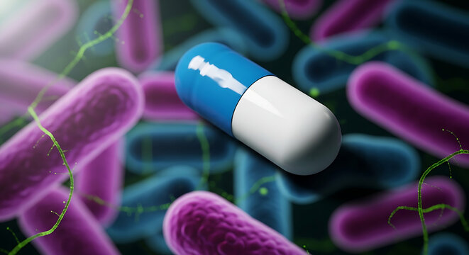 Detailed macroscopic view of a pharmaceutical antibiotic capsule over a blurred microscopic bacterial cell, illustrating clinical healthcare challenges and antimicrobial resistance concepts.
