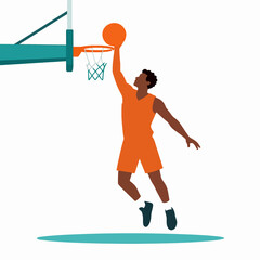Flat Vector Illustration of a Single Professional Black Male Basketball Player Performing a Slam Dunk in a Gym, Minimalist Concept for Fitness and Sports Competition © Gayan