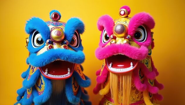 Two colorful lion dance masks, one blue, one pink, show open mouths and striking eyes against yellow backdrop. Festive props feature ornate gold patterns, fluffy trim, and vibrant jewel accents.