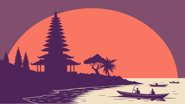 Tropical Temple Silhouette Against Large Setting Sun with Small Boats on Water Travel Scene bali skyline vector