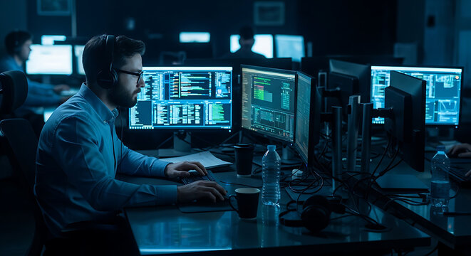 Professional cyber security analyst monitoring multiple glowing digital screen displays during a critical incident response task within a high-tech security operations center.