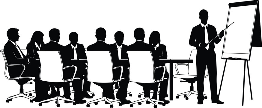 Black business presenter silhouette with man standing at flipchart board giving seminar to corporate audience in office meeting flat vector illustration isolated