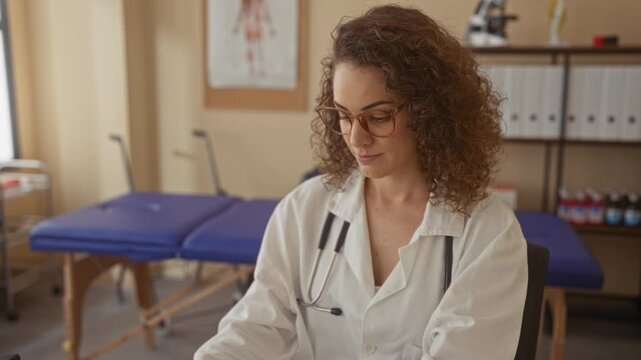 Woman doctor with stethoscope looking down at laptop and writing notes in clinic building; calm attentive care.
