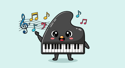 Cartoon piano with musical notes and face. © Azrha
