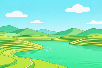 Fototapeta premium Scenic Green Terraced Fields and Lake Landscape