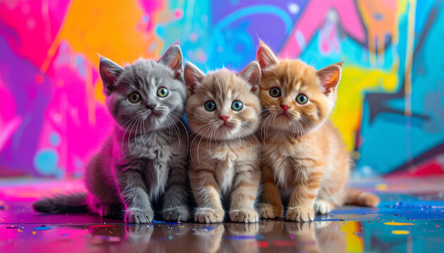 Three kittens stacked playfully on colorful graffiti background with neon lights reflected.