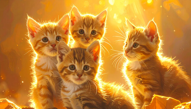 Adorable kitten stack portrait with warm golden lighting and neon glow
