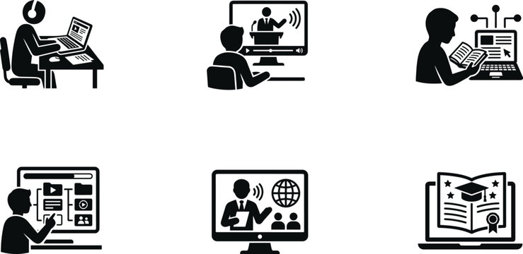 Online Learning and E-Learning Icons Set Vector Flat Illustration of Distance Education Digital Classroom and Webinar Symbols