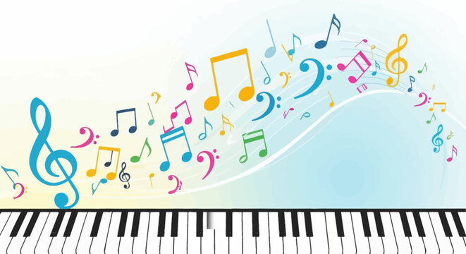 Colorful music notes on piano keyboard.