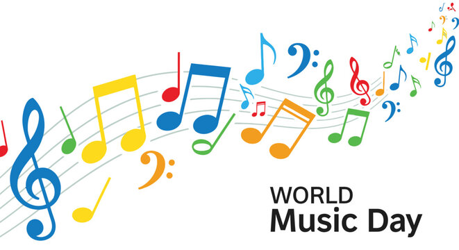 Colorful music notes on staff.