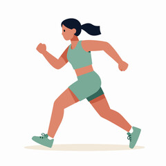 Fototapeta premium Flat vector illustration of a single Black woman sprinter in a dynamic running pose, minimalist athlete silhouette for fitness and sports concept, earthy terracotta and green tones, isolated on white.