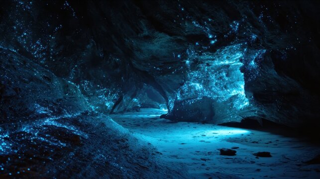 Bioluminescent worms illuminate dark cave with ethereal blue glow bioluminescence light