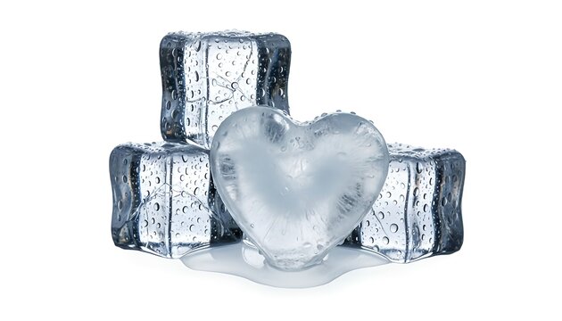 Heart shaped ice cube melting among transparent ice cubes on white background symbolizing love and cold emotions in a creative and conceptual still life arrangement