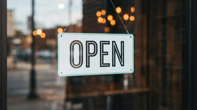 Open sign hanging on glass door of a retail storefront.
