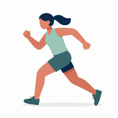 Fototapeta premium Flat vector illustration of a single young Black woman sprinter in a dynamic running pose, side view of an African American female athlete exercising outdoors, minimalist fitness concept.