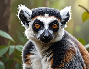 Fototapeta premium Close-up of a ring-tailed lemur with striking eyes and patterned fur