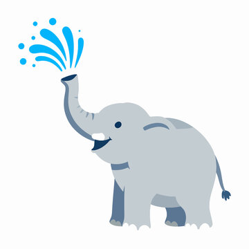 Joyful gray Thai elephant spraying water from its trunk, flat vector illustration for Songkran festival celebration, isolated on white background, Southeast Asian cultural concept.