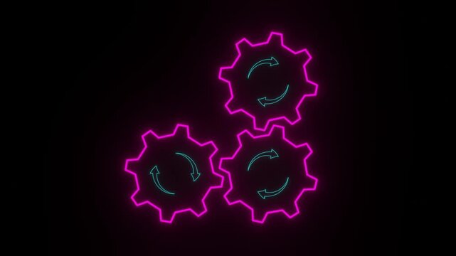 three pink cyan neon glowing rotating gears with refresh arrows seamless loop animation on black background
