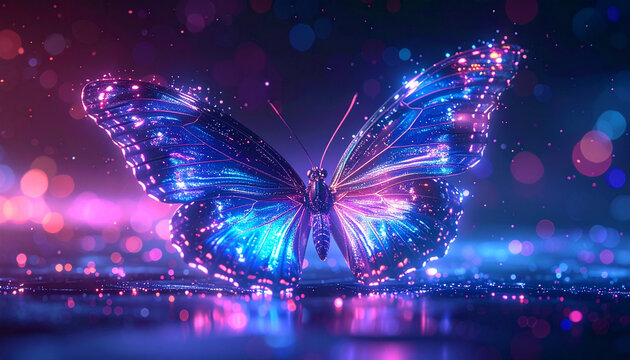 A glowing butterfly with sparkling wings spreads its colorful wings in a dark environment.