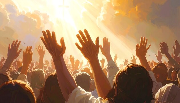 A crowd of people with hands raised towards the sun