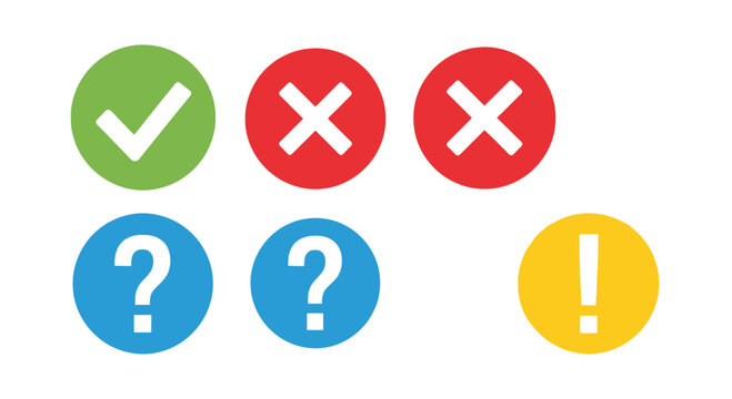 Set of colorful check mark cross mark question mark and exclamation point icons