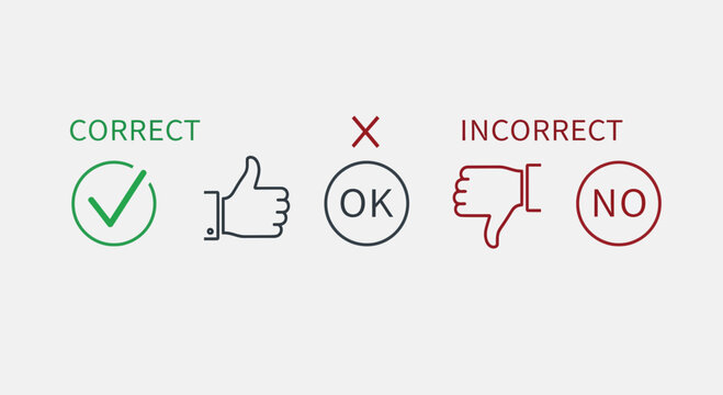 Icon set of correct and incorrect symbols for selection or decision making