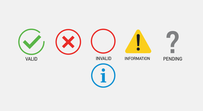 Icon set of symbols representing validation information and status