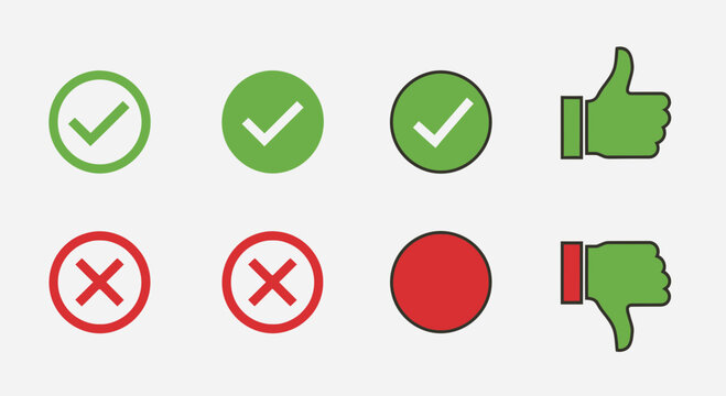 Iconic symbols of correct and incorrect with check mark and thumbs up