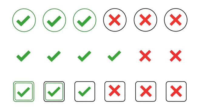 Selection icons checkmarks and cross marks in circles and squares vector