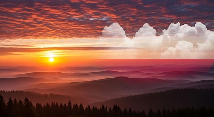 Obraz premium A breathtaking panoramic view of the rolling mountain ranges during a vibrant golden sunset