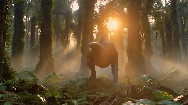 A large dinosaur stands in a forest with its mouth open