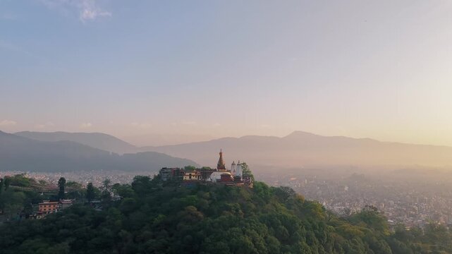 Aerial View Swayambhunath Stupa Kathmandu Nepal 
Sunrise Drone Rising Shot Himalaya Mountains 
Valley Morning Light 4K