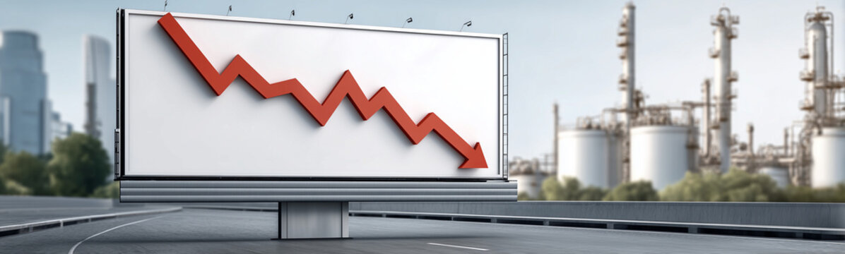 Economic Downturn Displayed: A stark image of economic decline is vividly depicted through a red downward arrow on a billboard, set against a backdrop of industrial infrastructure.