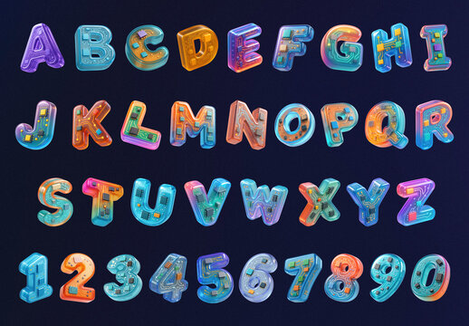 Colorful 3D Alphabet And Numbers Font Set