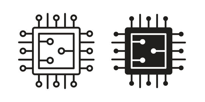 Computer microchip icon clipart symbol isolated on white background. Flat and stroke designs.