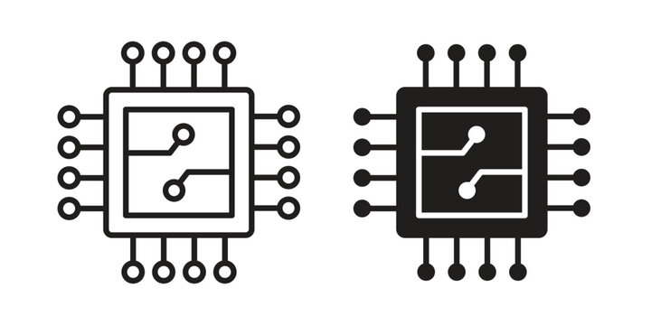 Computer microchip icon clipart symbol isolated on white background. Flat and stroke designs.