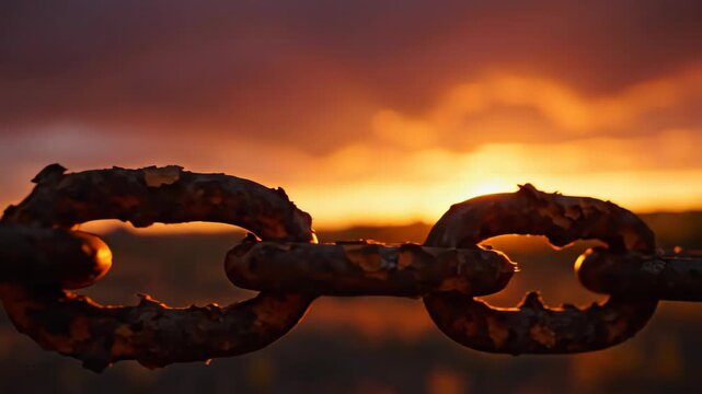 Rusty metal chain link silhouette at sunset