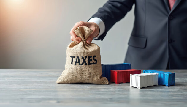 Man in suit holds burlap sack with TAXES label near miniature shipping containers. Business owner pays import duties and tariffs. Financial burdens in global trade.