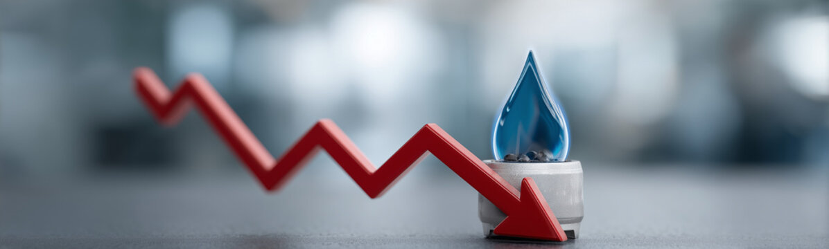 Energy Crisis Decline: Illustrates the concept of decreasing gas and the downward trend. A visual representation of energy resource downturn with a gas flame element and red arrow