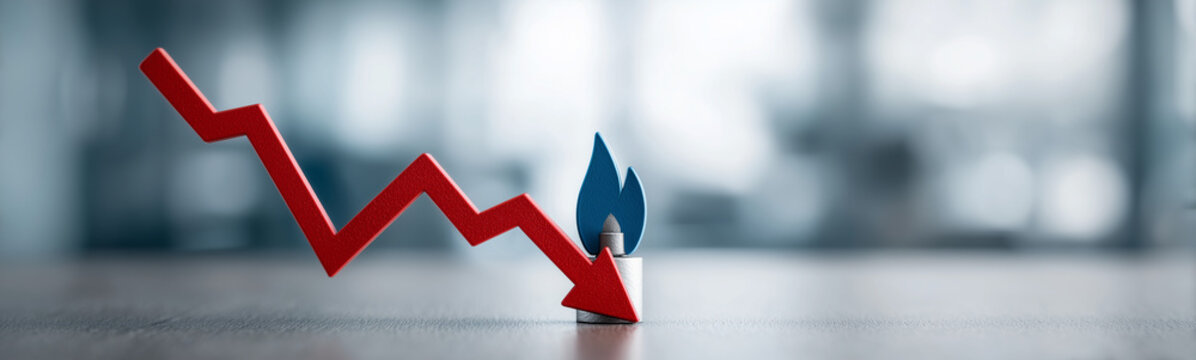 Energy Crisis Decline: A symbolic representation of an energy crisis, featuring a downward-trending arrow intersecting a flame icon, alluding to declining resources and economic challenges.