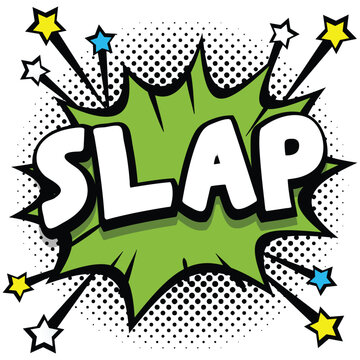 A comic book style illustration of the word SLAP in a green explosion