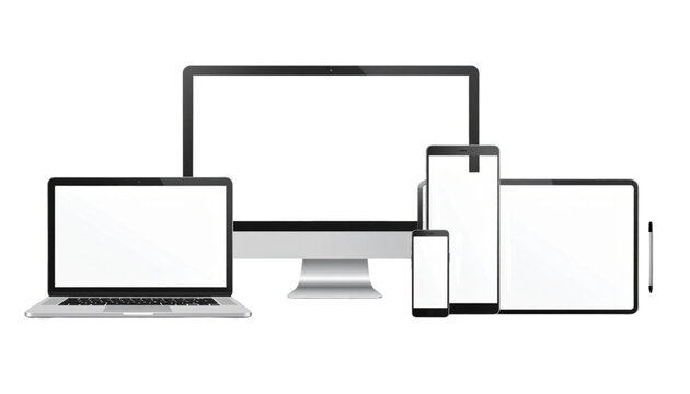 Laptop Phone Desktop Mockup &ndash; Clean Silver Devices on White Background Vector