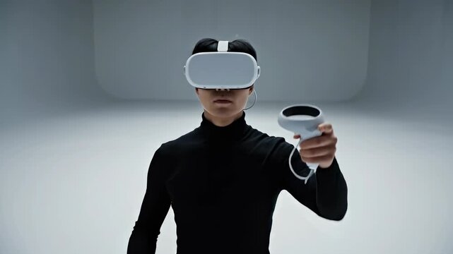 Man wearing vr headset in white studio performing precise gestures with handheld controllers, black turtleneck, highkey lighting, isolated curved backdrop, experimental tech demo, focused