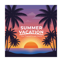 Obraz premium Relaxing summer vacation getaway with palm trees at sunset