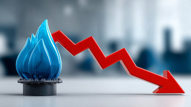 Energy Price Drop: A visual representation of energy price decline, showcasing a flame alongside a downward-pointing arrow to convey the concept of decreasing costs and market fluctuations.