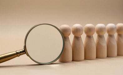 Fototapeta premium Magnifying glass examines wooden figures symbolizing scrutiny or