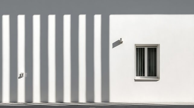 Modern minimalist white wall with vertical sunlight stripes, rhythmic shadow effects, clean and balanced architectural interior