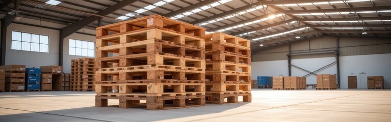 Stacked wooden pallets inside a large, bright, and empty industrial warehouse space.